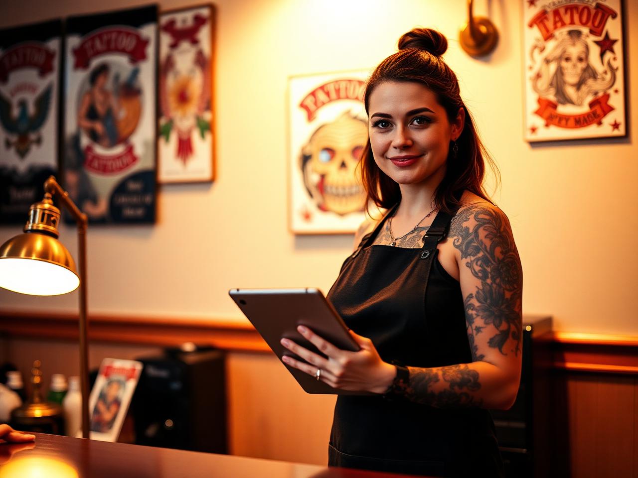 Tattoo studio owner checking bookings on an iPad at her front desk