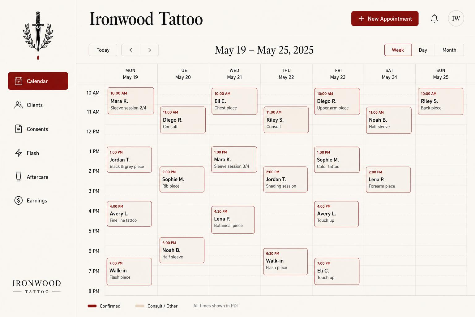 Tattoo Booking studio calendar showing a weekly view of appointments, consults, and walk-ins