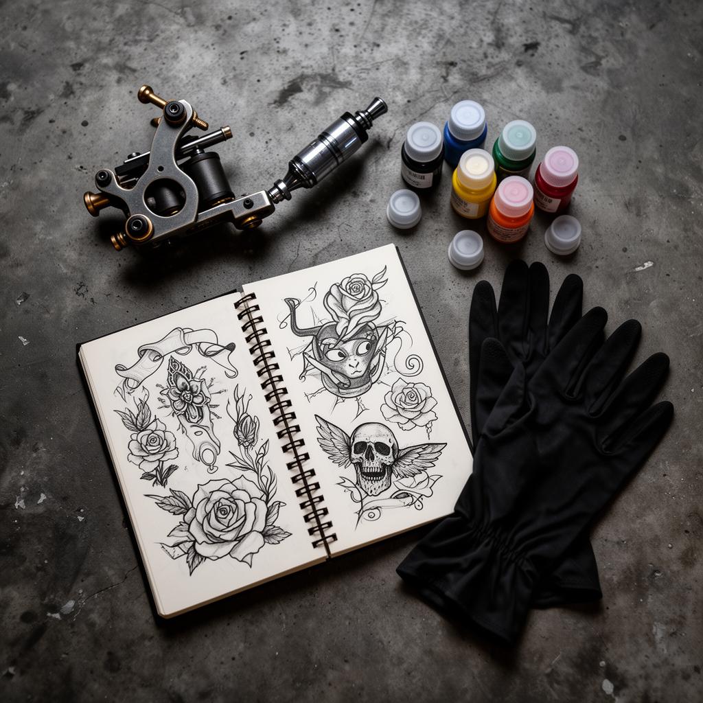 Tattoo studio tools laid out on a workbench
